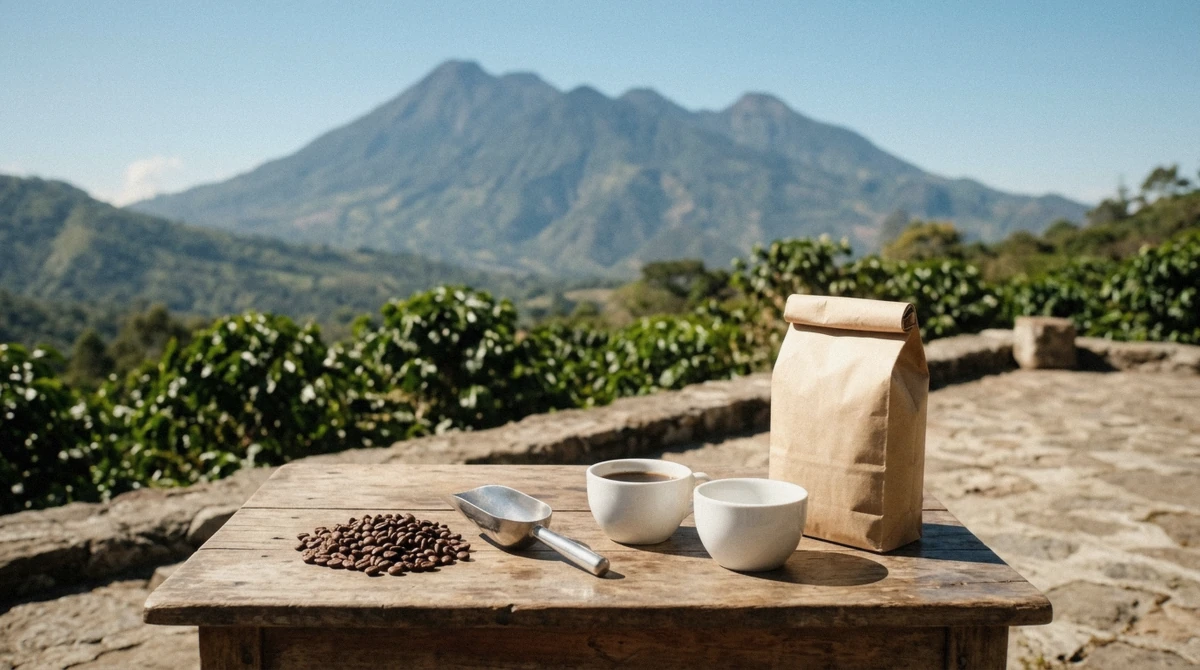Roasted Antigua coffee beans and a wooden scoop, priced per bag at a farm on a coffee tour in Antigua Guatemala