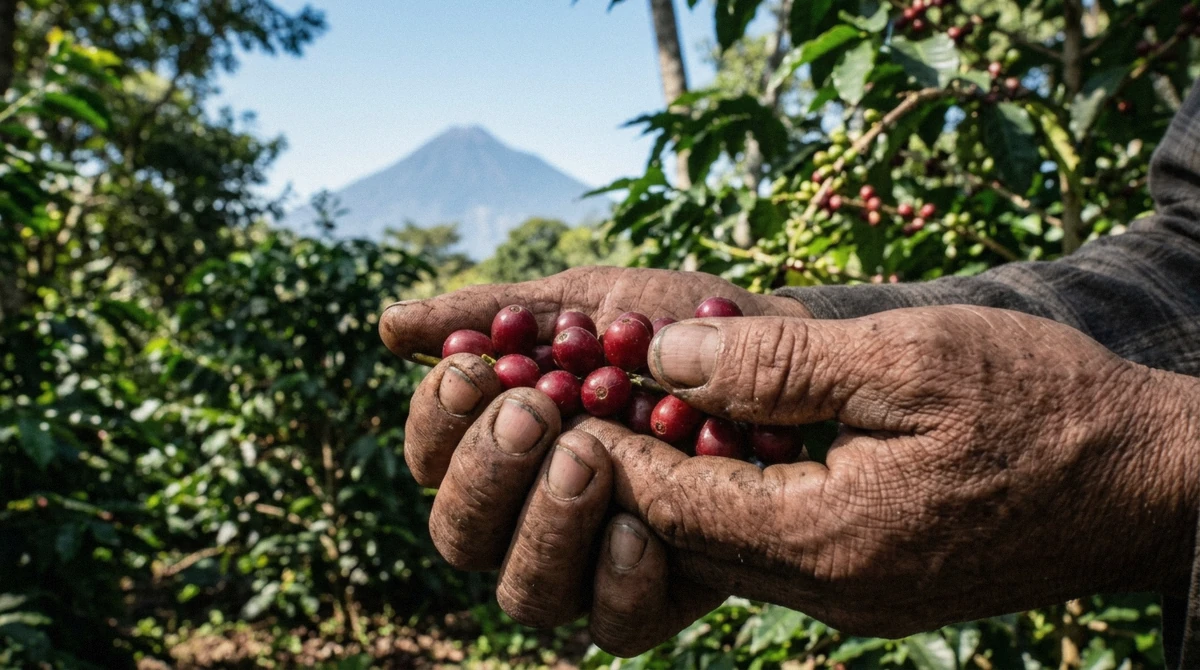 A grower's hands sorting ripe red coffee cherries during a coffee tour in Antigua Guatemala