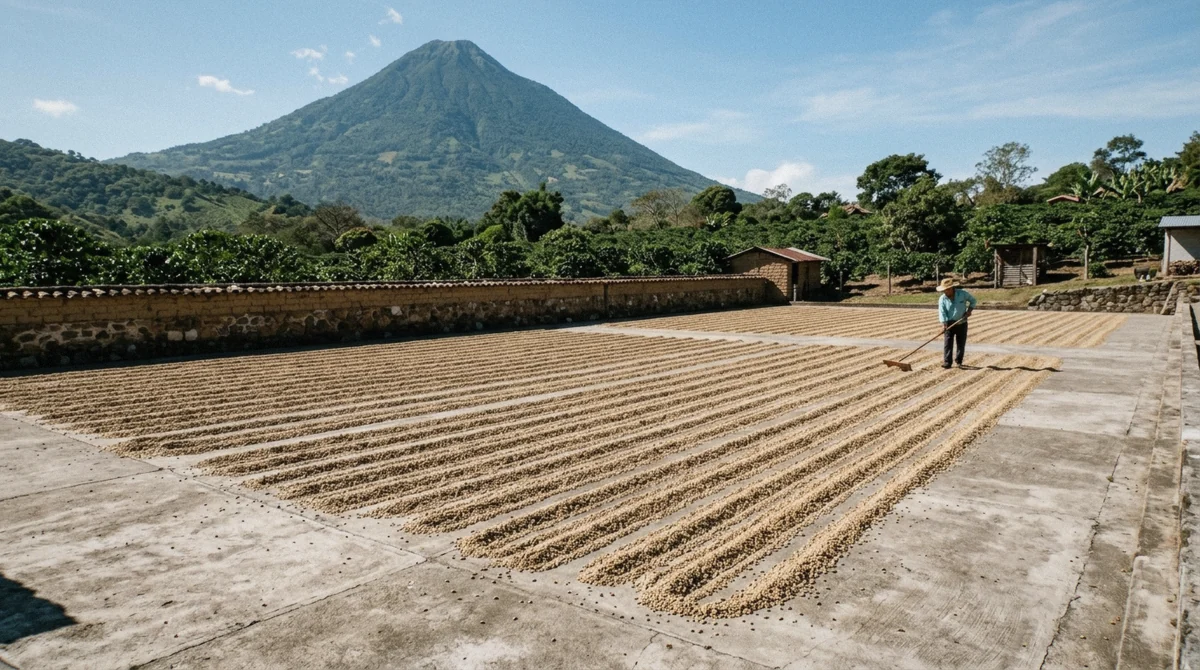 Coffee beans spread out to dry on a sunny patio at a farm on a coffee tour in Antigua Guatemala