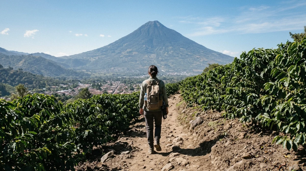 A dirt path through coffee bushes near Jocotenango, the route travelers walk to visit a coffee farm Antigua without a tour