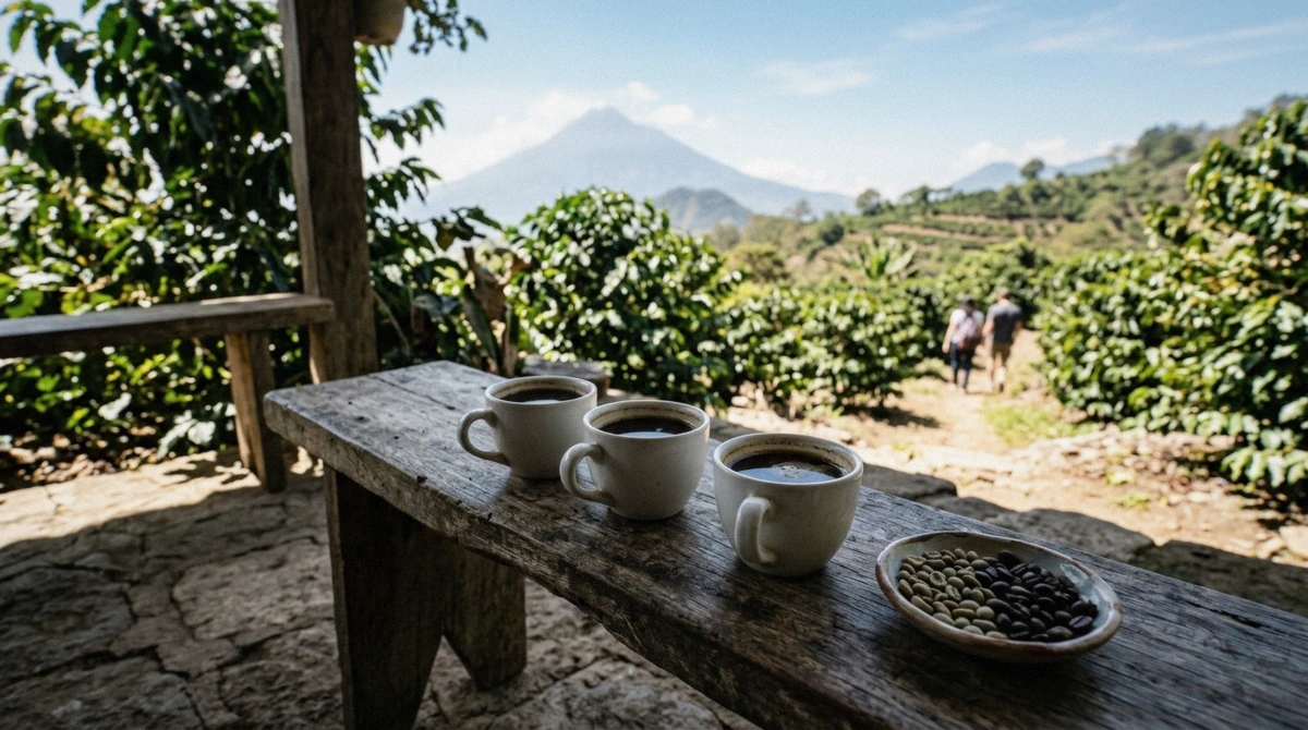 Small cups of freshly brewed coffee set out for tasting at the end of a coffee farm tour in Antigua